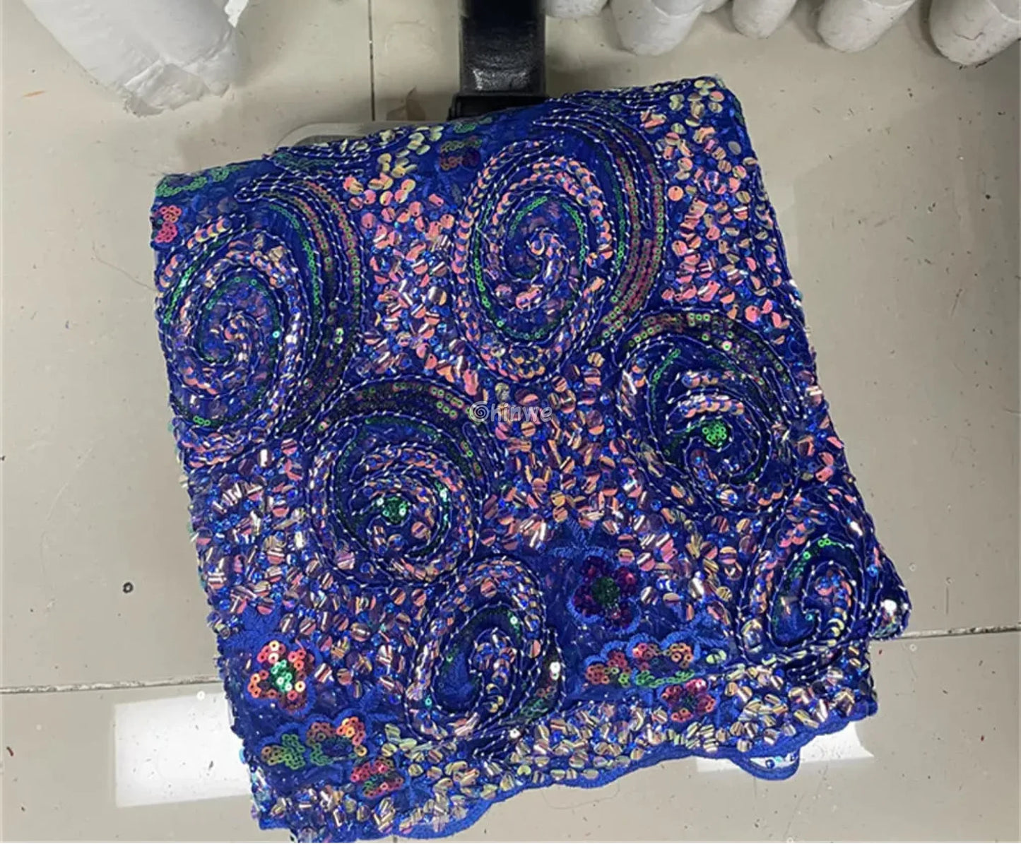 Sequined Spiral Paisley Lace with Beaded Floral Detailing on Sheer Mesh Base African Wax Print Fabric