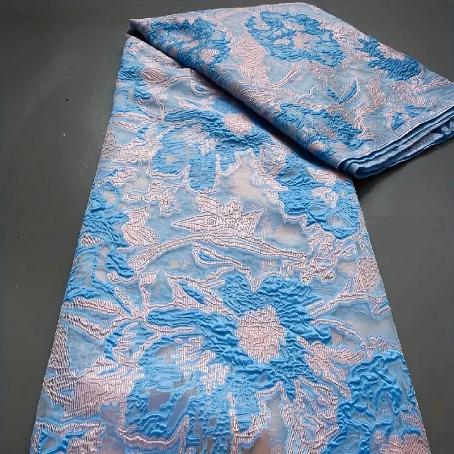 Textured Damask & Brocade Lace Fabric with Raised Floral Motif and Metallic Sheen Gradient Lace