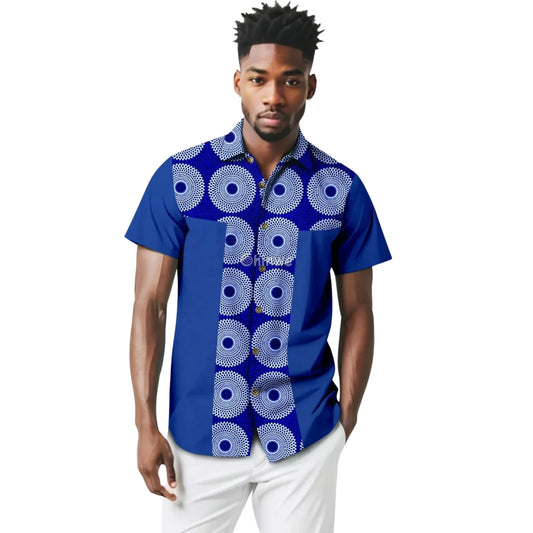 Vintage Traditional Short Sleeve Shirt Button Up in Classic Ankara Blue Grid Pattern Short Sleeve Shirt / Customized