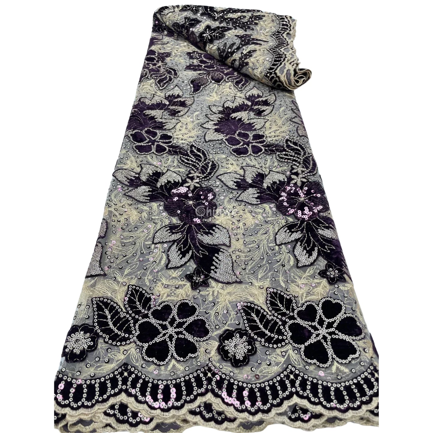 Champagne Mesh Floral Velvet Appliqué Sequined Lace Fabric with Scalloped Floral Edge