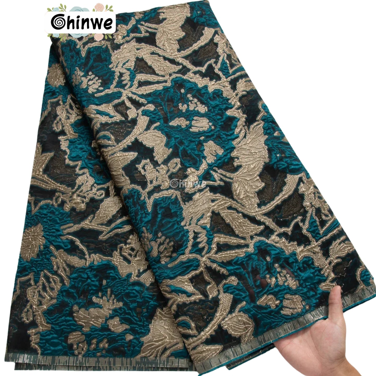Textured Damask & Brocade Lace Fabric with Raised Floral Motif and Metallic Sheen Gradient