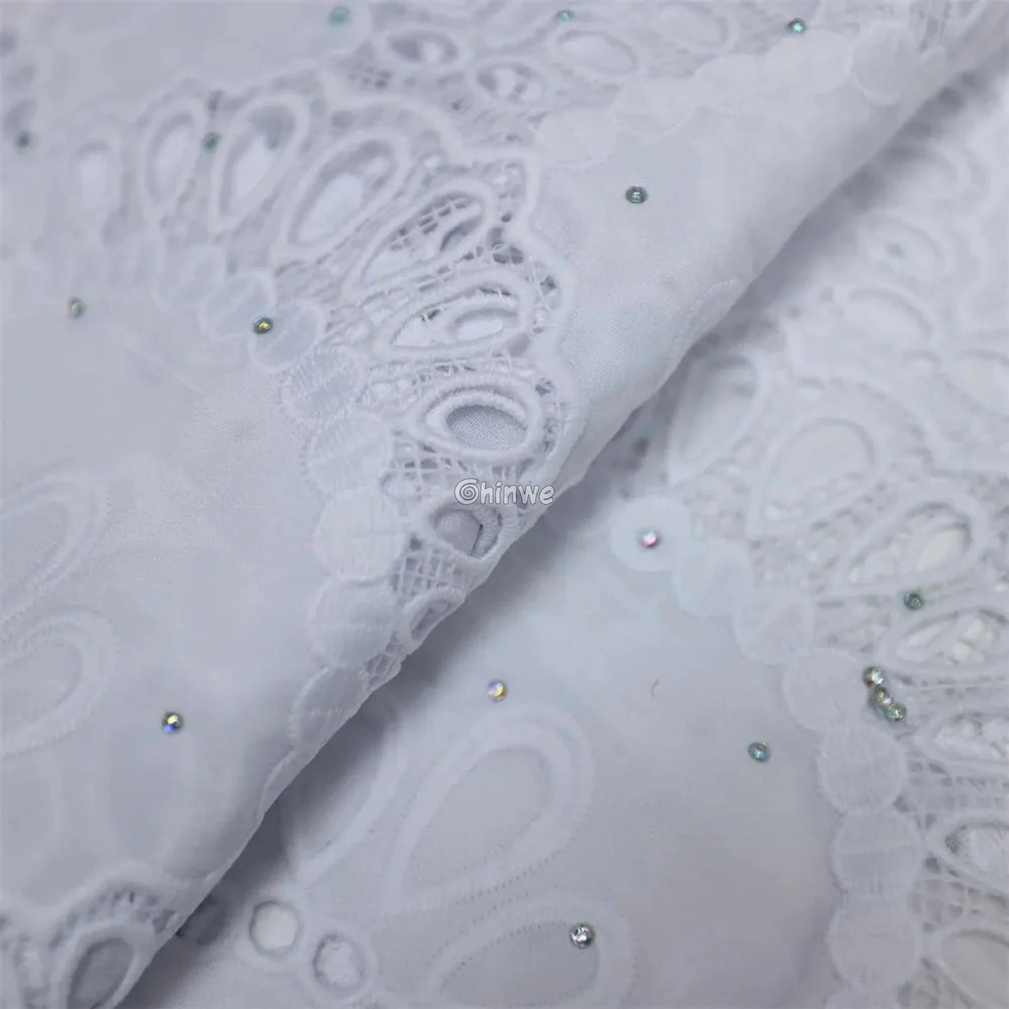Embroidered Eyelet Lace Fabric with Scalloped Petal Motif and Sparkle Embellishments Lace