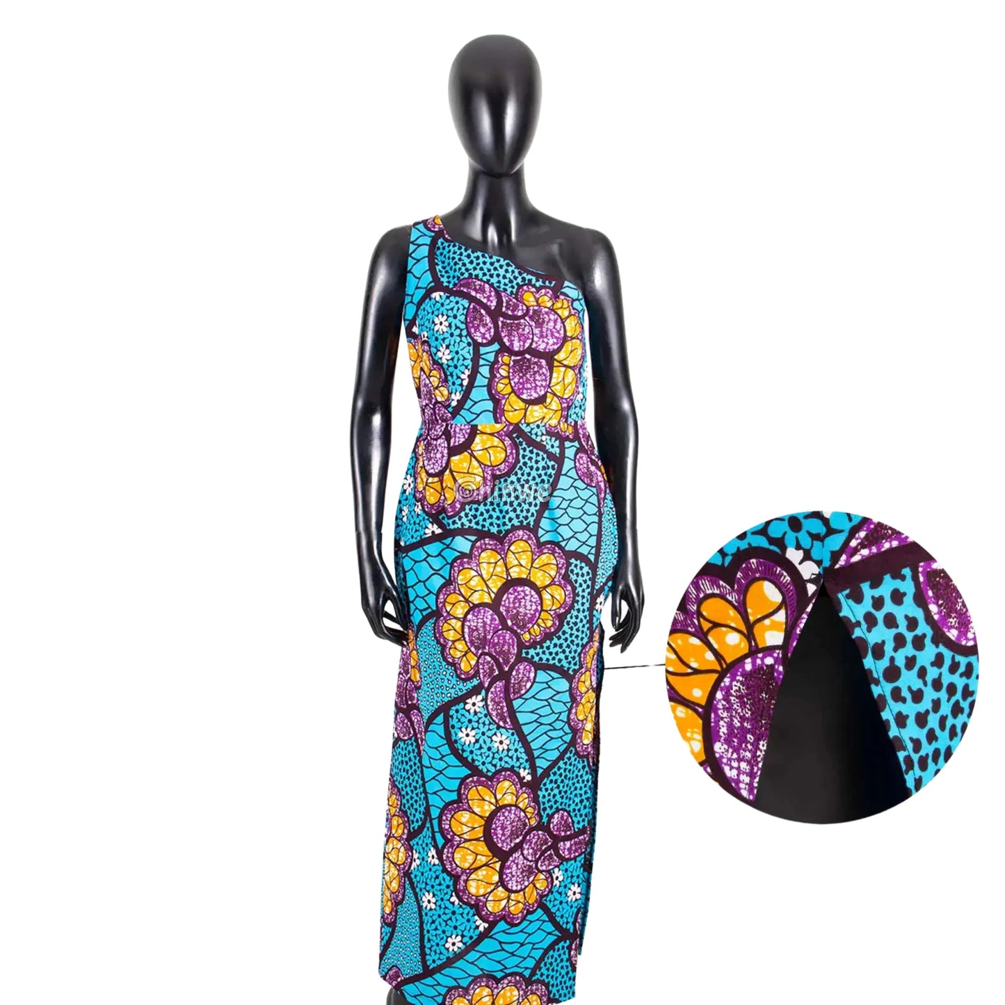 One-Shoulder High-Slit Maxi Dress in Ankara Print with Slim Fit Slash Neckline & Sleeveless Cut Women’s Clothing