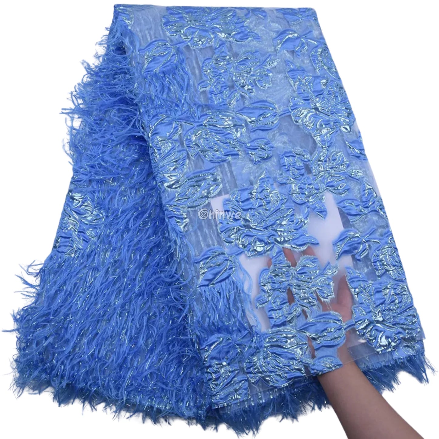 3D Floral Fringe Lace with Raised Embroidery & Metallic Fibers on Mesh Tulle Fabric Ice Blue / 5yard Lace