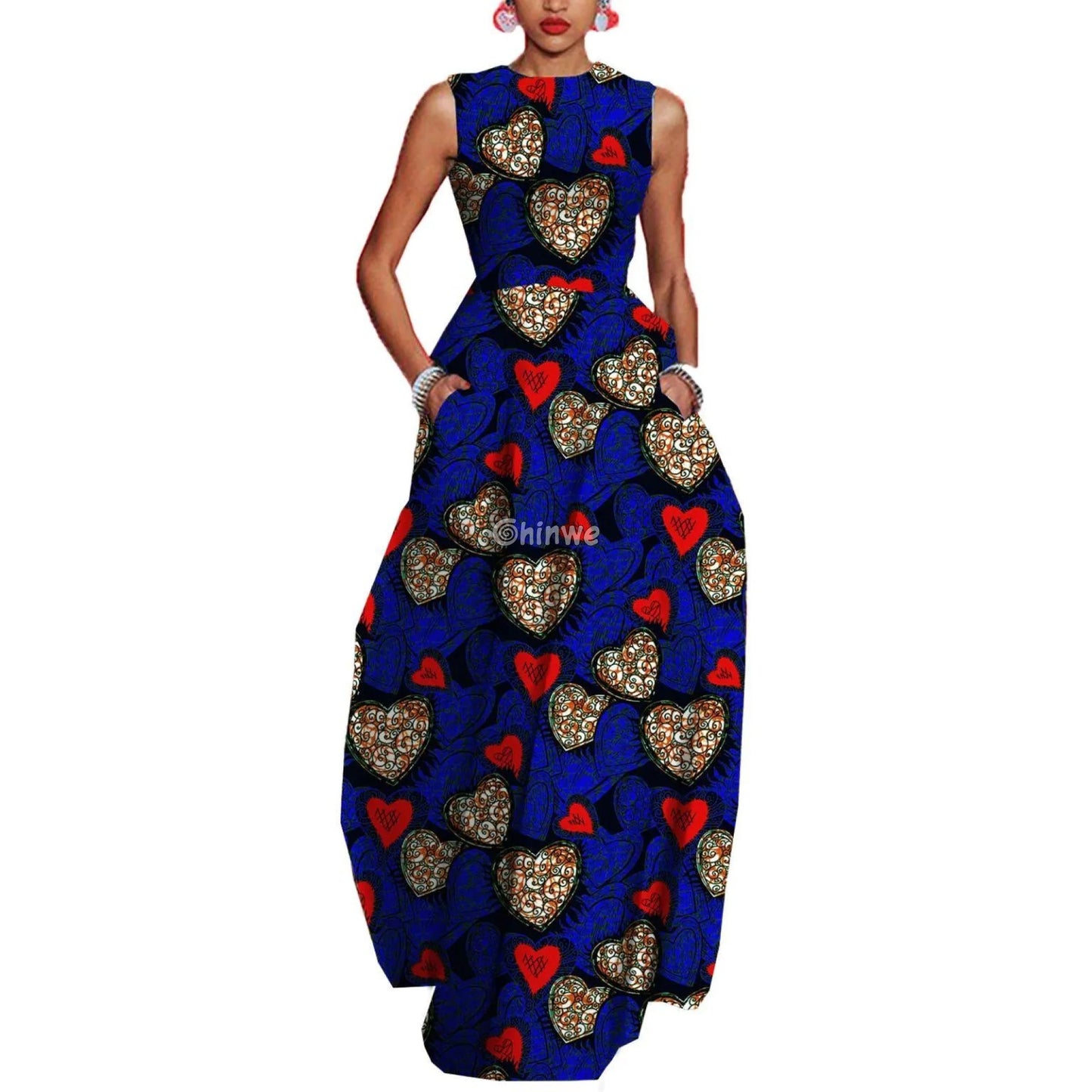 Zara Sleeveless Fit & Flare Ankara Maxi Party Dress - Navy Medallion / Customized - Women’s Clothing