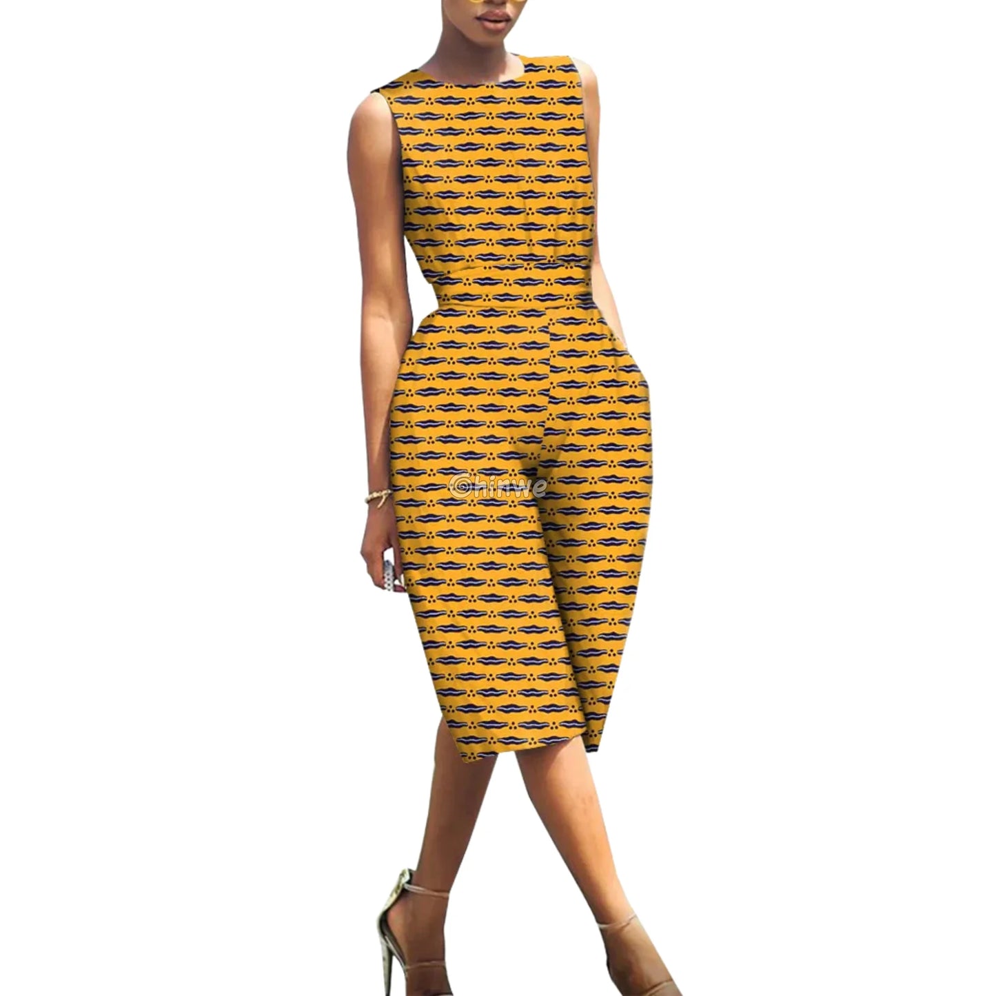 Relaxed Fit Sleeveless Wax Ankara Jumpsuit Twilight Series Mustard Dot Tile Print / Customized Women’s Clothing
