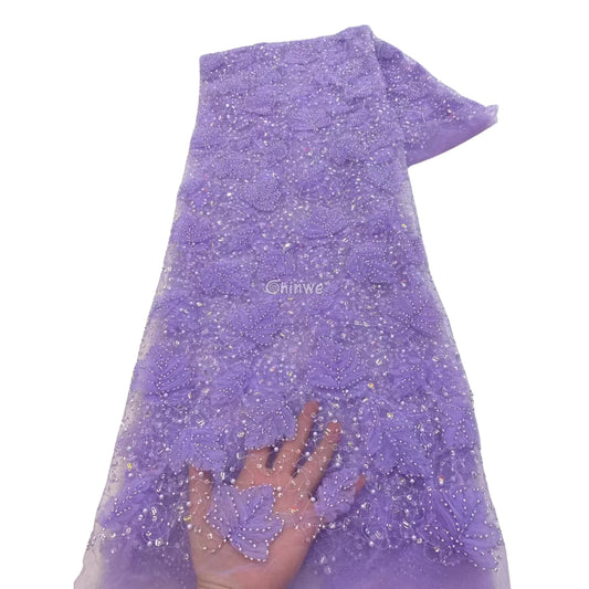 Beaded 3D Leaf Lace with Iridescent Accents on Soft Mesh for Luxury Garment Crafting Lavender with shimmer beading / 5