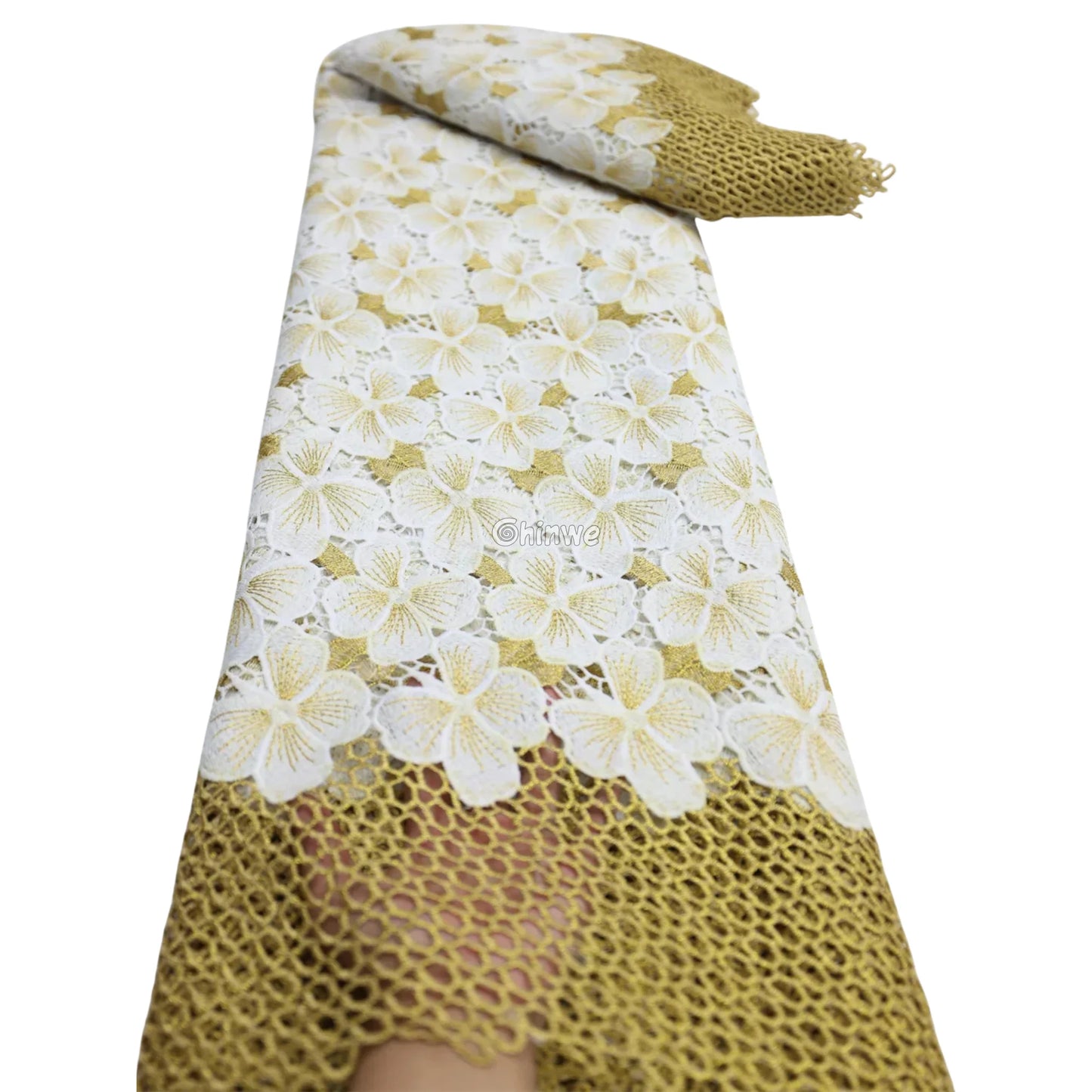 Multicolor & Metallic Corded Guipure Lace Fabric Featuring Embroidered Blossom Motifs & Sequin Accents Ivory White &