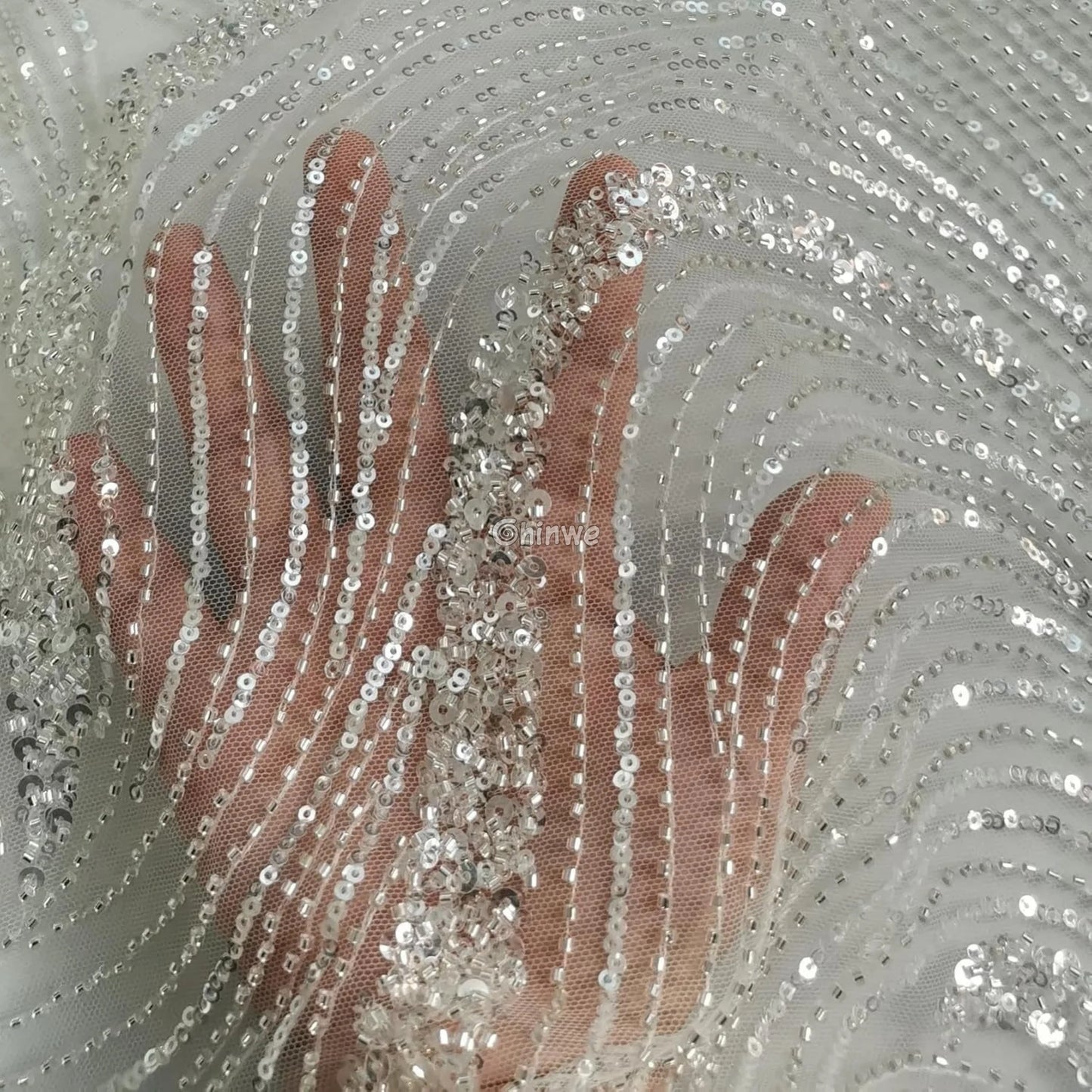 Sequined Swirl Embroidery on Sheer Mesh with Iridescent Highlights and Wave Pattern Detailing Lace