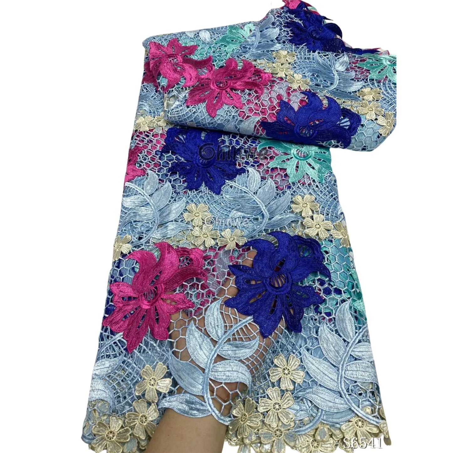 Multicolor Floral Embroidered Guipure Lace with 3D Bloom Overlay & Scalloped Edge Detailing, African Water Soluble Lace Fabric, Guipure Cord Lace Fabric