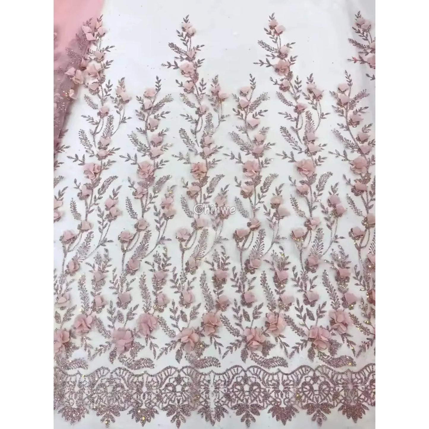 3D Appliqué Petal Lace with Sequined Vine Embroidery – Luxury Wedding & Party Fabric Lace