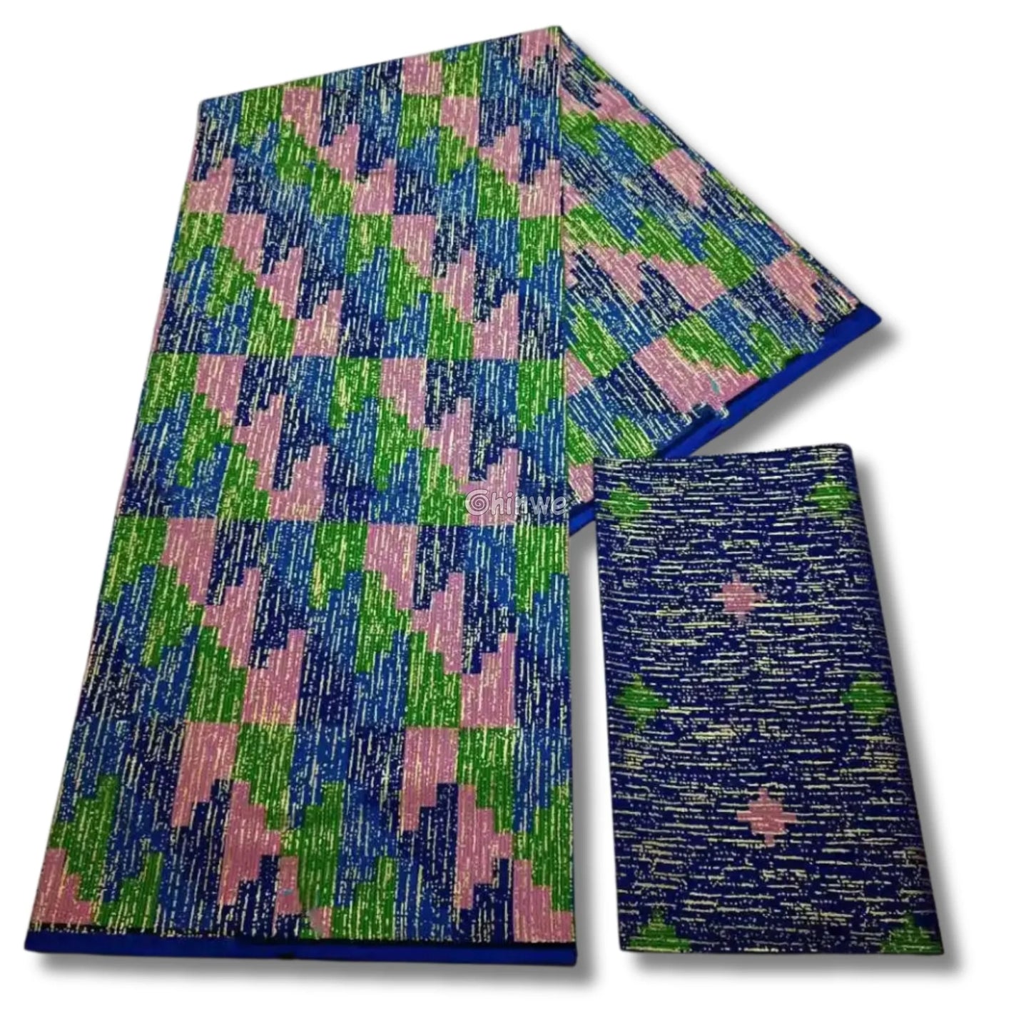 Blue Green & Pink Kente Brocade with Pixel Mosaic Triangles and Gold Metallic Accents Lagoon Mosaic Kente / 6yards