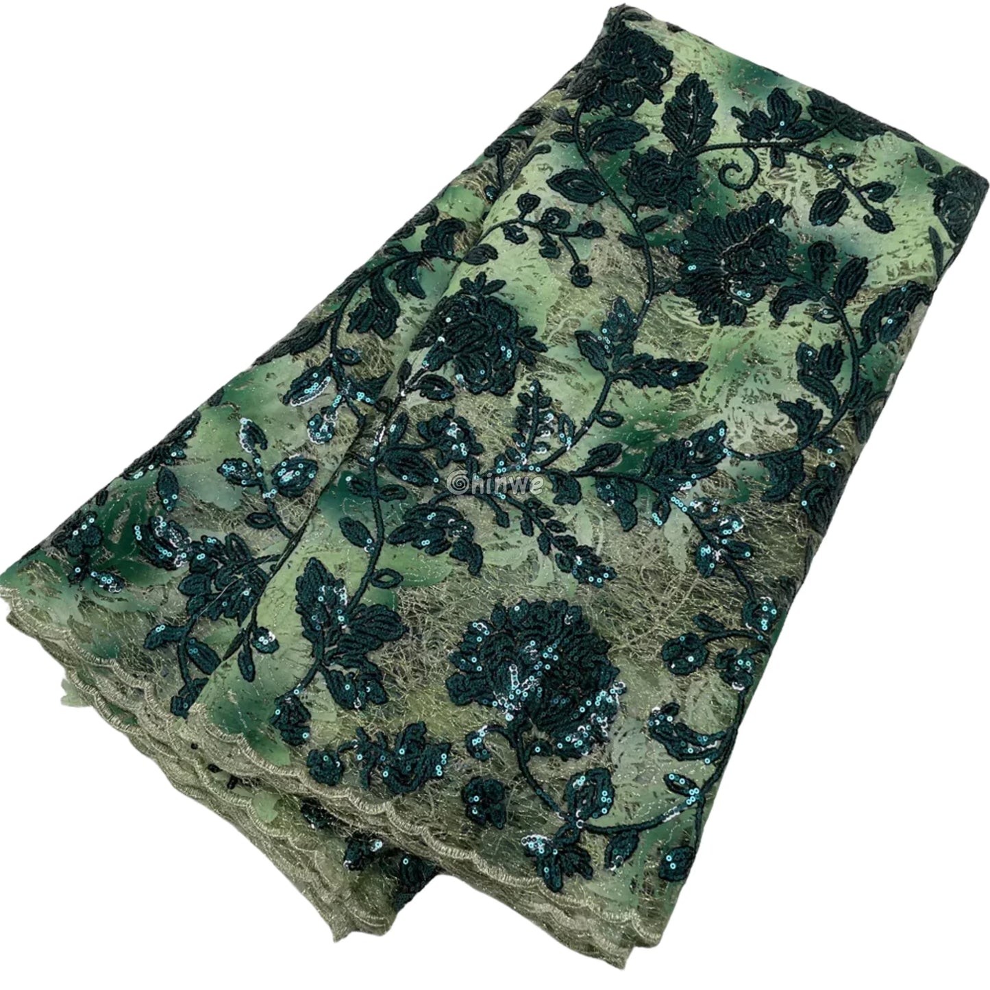 Sequined Floral Vine Embroidered Lace with Sheer Textured Base and Shimmer Finish Olive green with black sequins / 5
