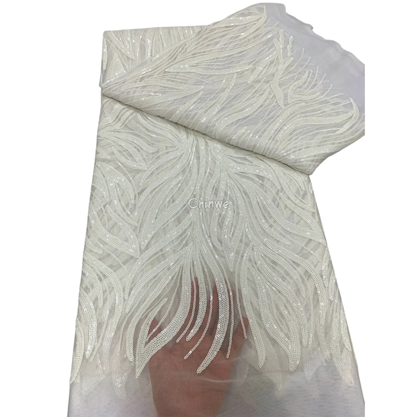 Sequin Embroidered Mesh Lace Fabric with Flowing Flame Motif and Sheer Illusion Base Ivory White / 5yard Lace