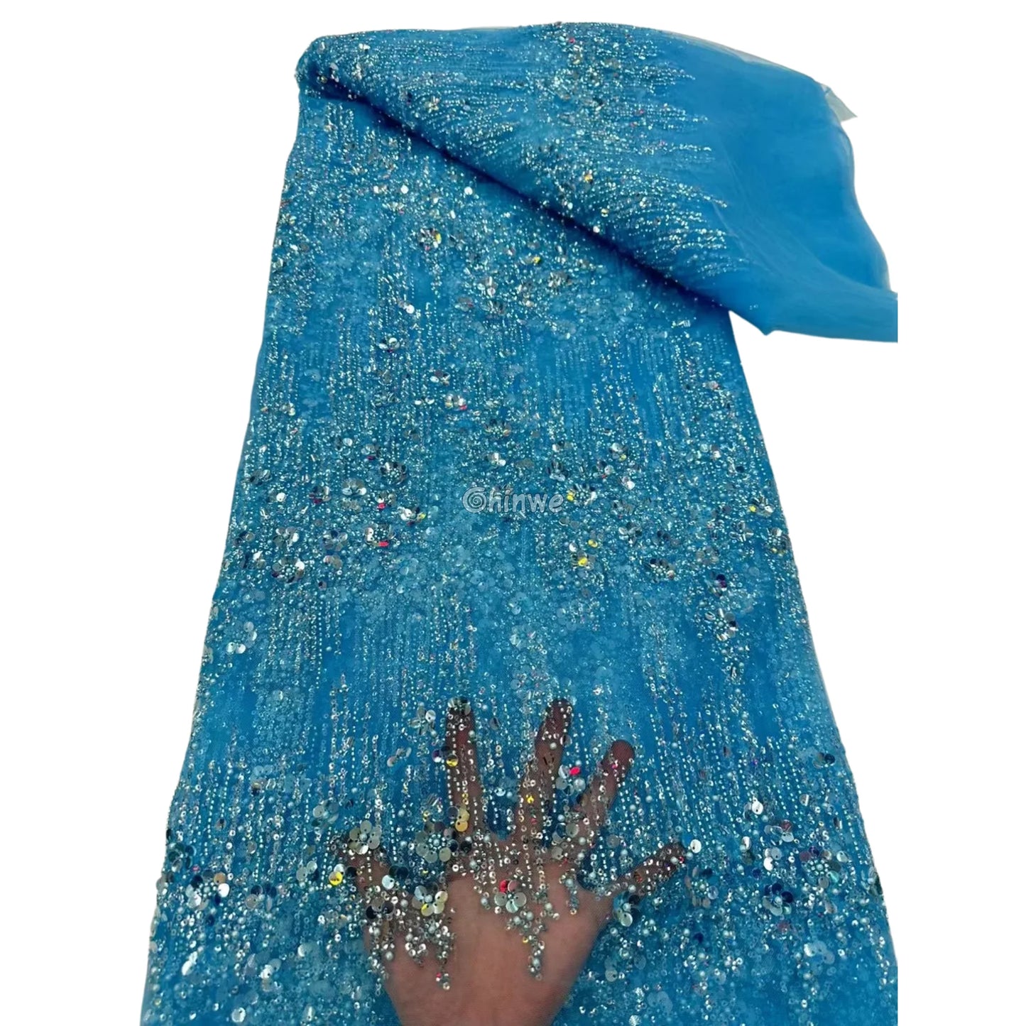 Sequin Beaded Tulle Mesh Fabric with Dripping Floral Shimmer & Textured Wave Pattern Aqua Blue Sequin / 5 Yards / 120cm