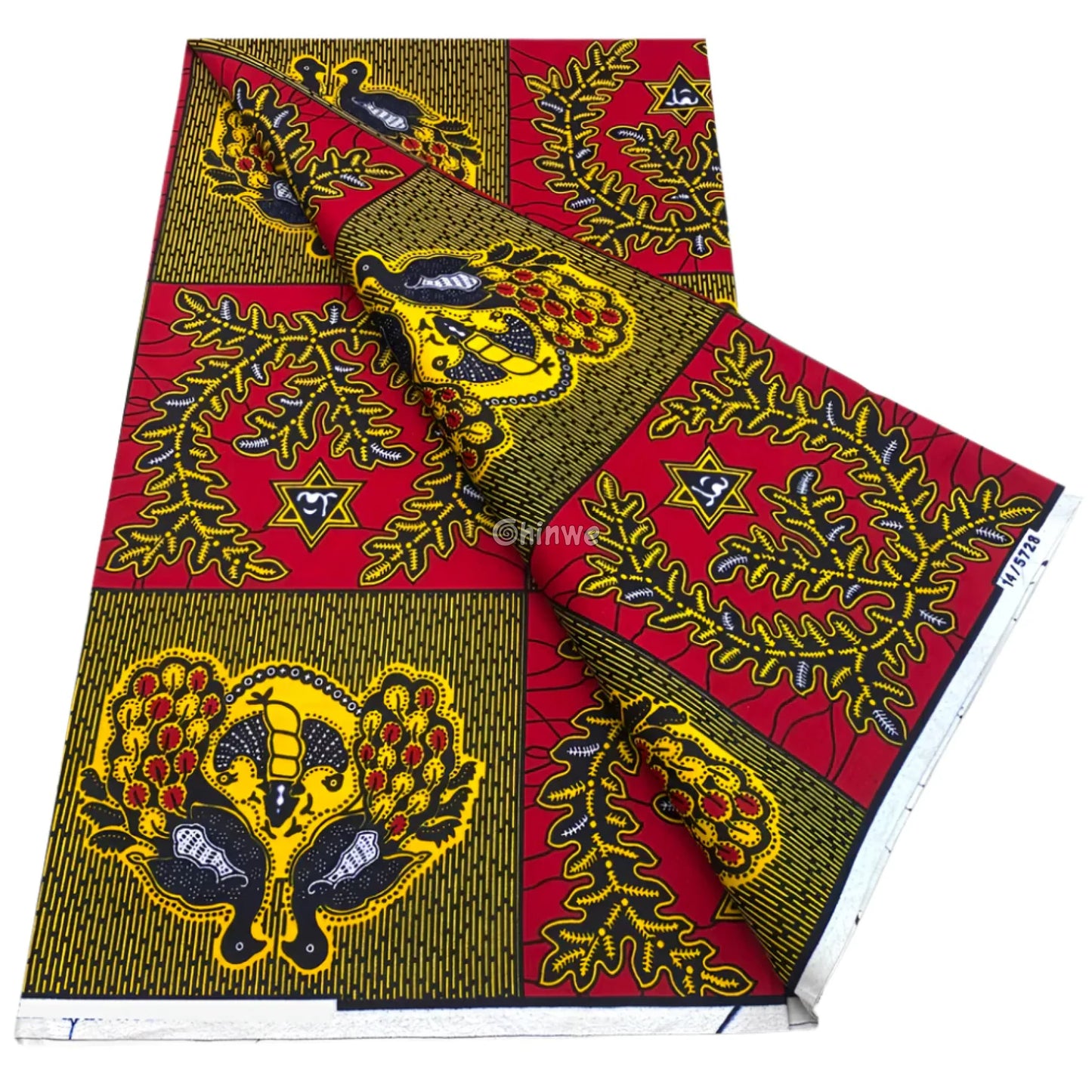 Crimson Red and Navy Blue Floral & Bird Print with Diagonal Wax Stripes and Decorative Border Motif Crimson Red / Navy