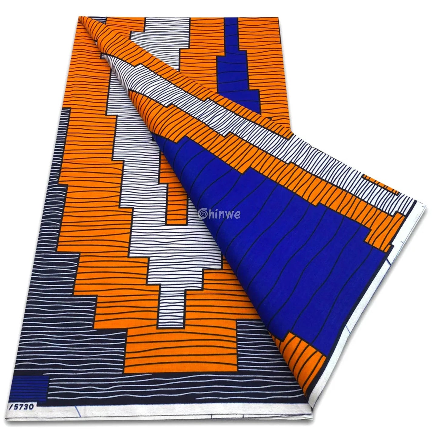 Cobalt Blue and Orange Tiered Block Print with Wave Line Texture and Geometric Stair-Step Motif Cobalt Blue & Orange