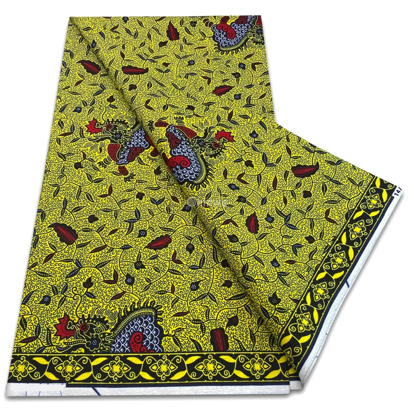 Hen & Leaf Repeat with Border Trim in Golden Mustard Black Vines and Red Accent Patchwork Motif Golden Mustard with Hen