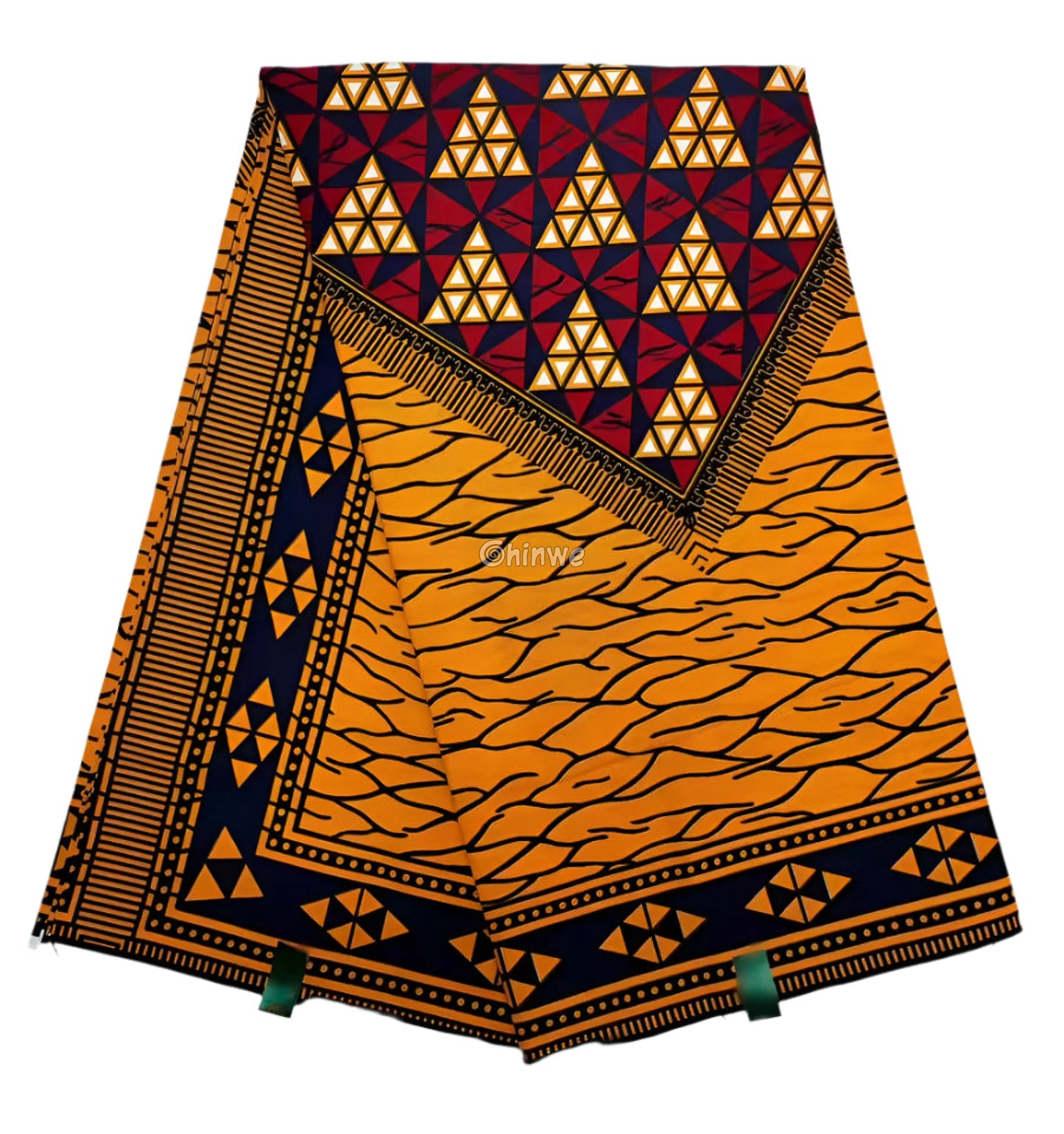 Black and Gold Ankara Wax Print Fabric with Wavy Line Field and Triangle Border Motif 6 yards cotton