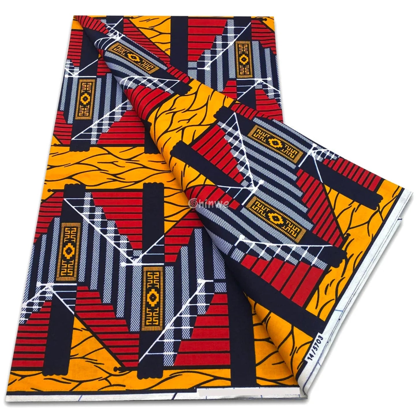Bold Red and Mustard Geometric Staircase Pattern with Navy Accents Red / Mustard Yellow / Navy Blue / 6 yards African