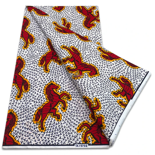 Bold Red Horse Print on White Background with Mini Arrow Detailing – Ankara Statement Fabric Red Stallion Print / 6