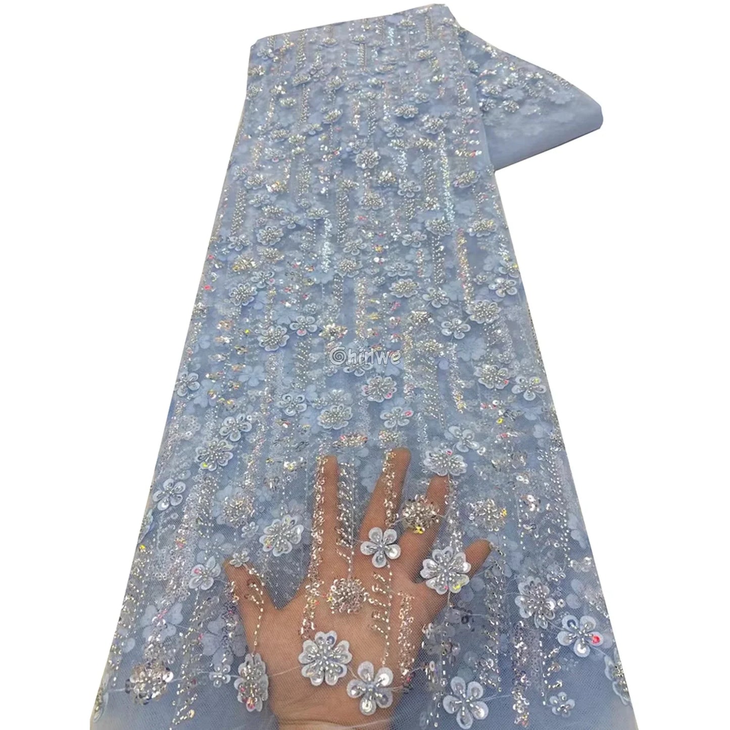 Sequin Beaded Embroidery Lace Fabric on French Tulle