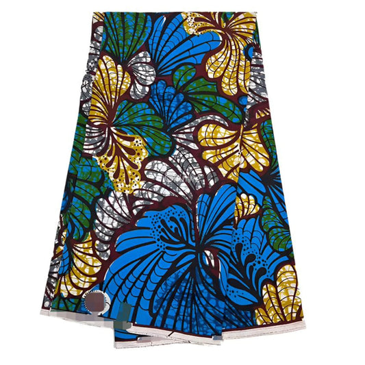 Blue Ankara Fabric with Yellow and Maroon Leaf Print