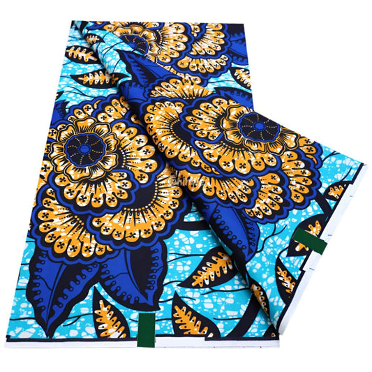 Blue Ankara Wax Fabric with Yellow Floral and Corn Motif