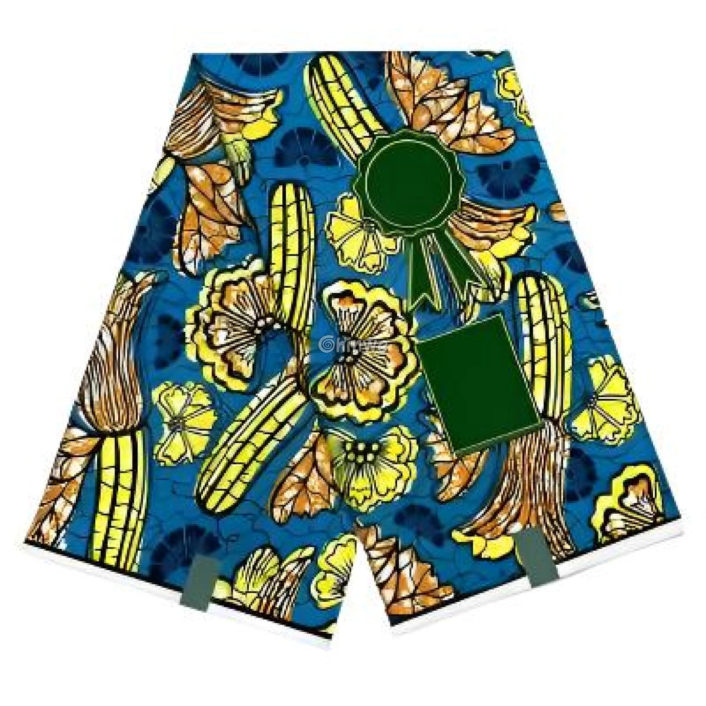 Blue Ankara Wax Fabric with Yellow Floral and Corn Motif