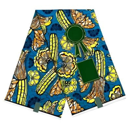 Blue Ankara Wax Fabric with Yellow Floral and Corn Motif
