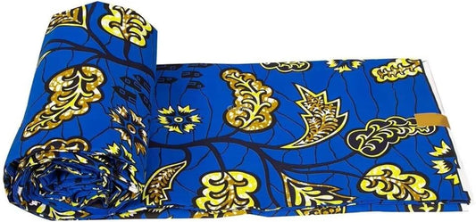 Royal Blue Ankara Wax Print Fabric with Gold Floral Patterns