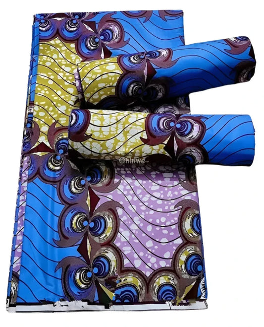 Blue and Lavender Swirl Ankara Wax Print Fabric with Wave Design