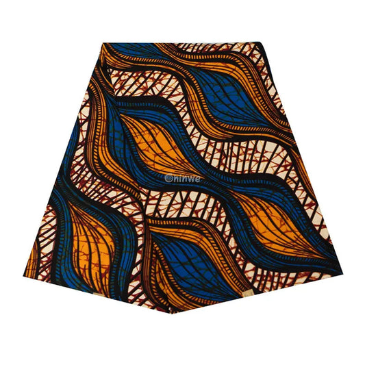 Blue and Orange Ankara Wax Print Fabric with Abstract Flowing Lines