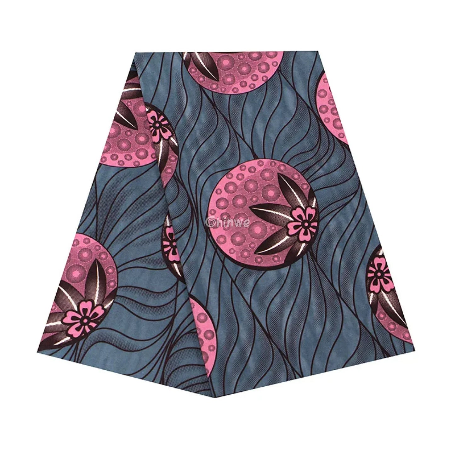 Blue and Pink Floral Ankara Wax Print Fabric with Wave Pattern