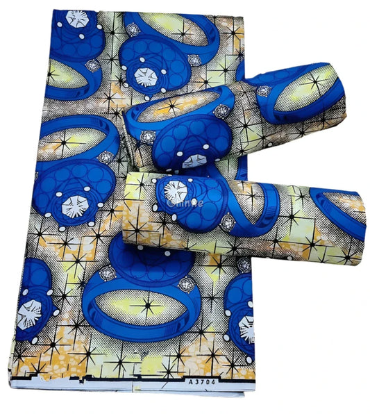 Blue and Yellow Ring Pattern Ankara Wax Print Fabric Elegant Starburst Design