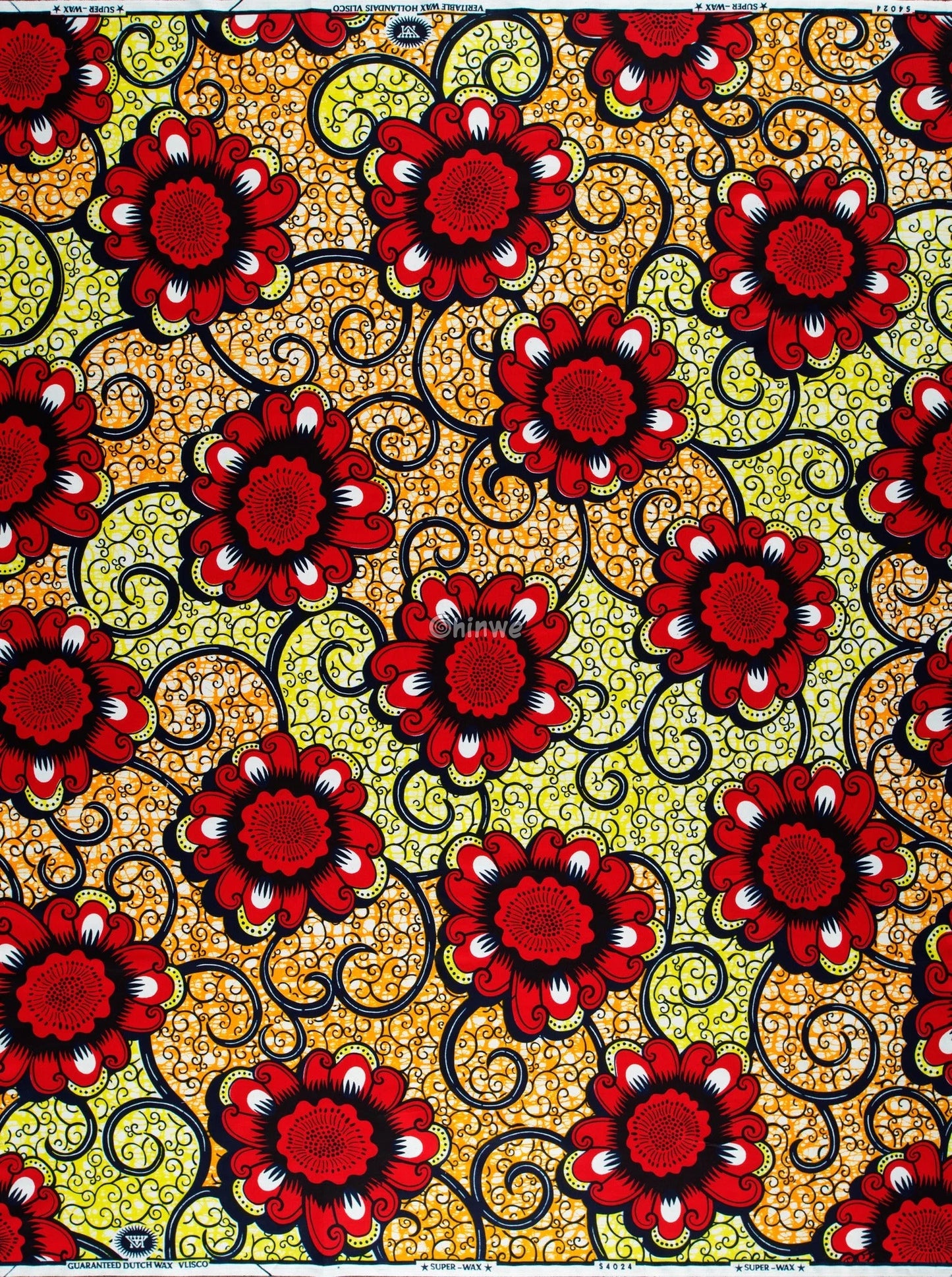 Bold Red Floral Ankara Fabric with Yellow Swirl Background
