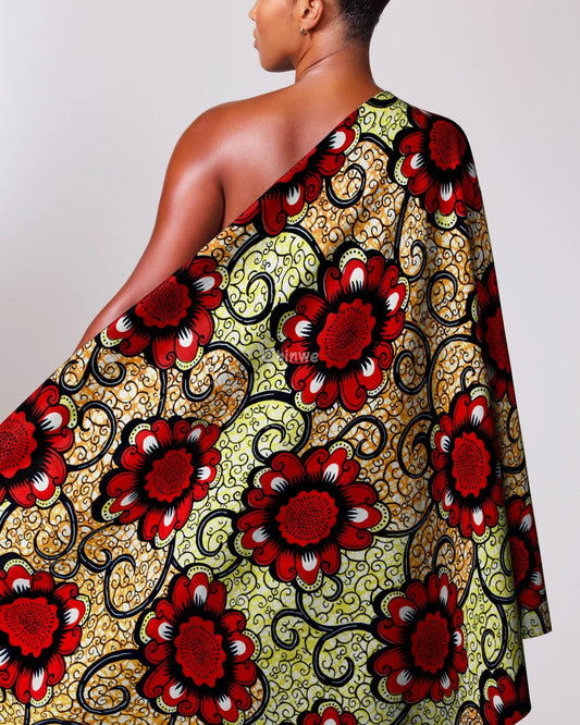 Bold Red Floral Ankara Fabric with Yellow Swirl Background