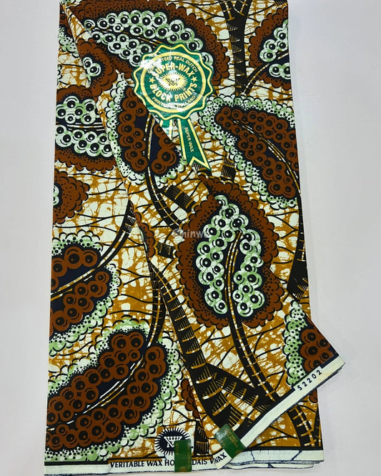 Brown and Green Ankara Fabric with Geometric Paisley Design