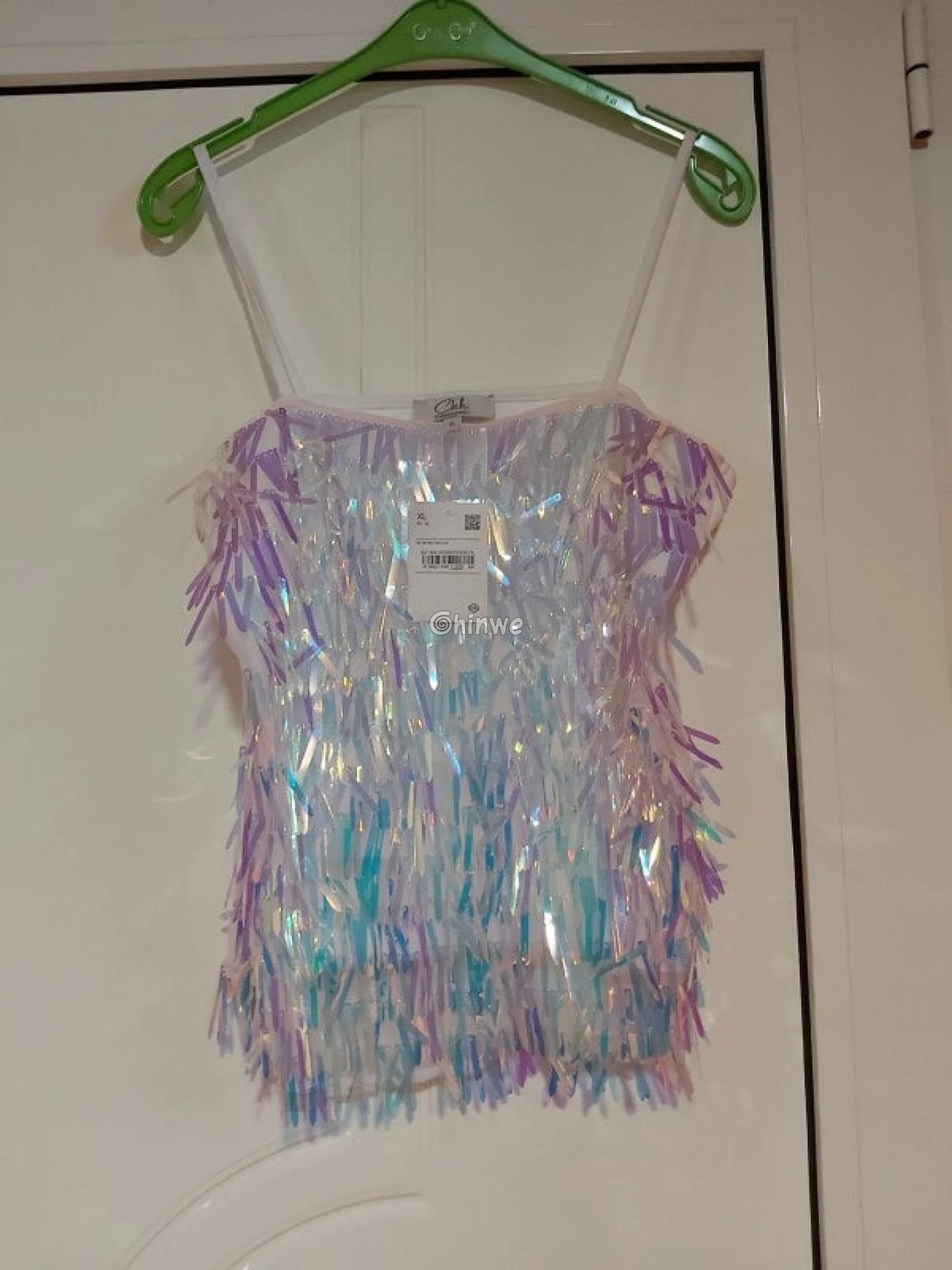 Iridescent Sequin Tinsel Fringe Fabric with Layered Shimmer Strips and Sheer Mesh Base Lace