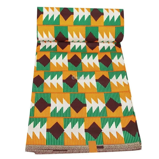 Geometric Ankara Wax Print Fabric with Green, Orange, and Brown Patterns