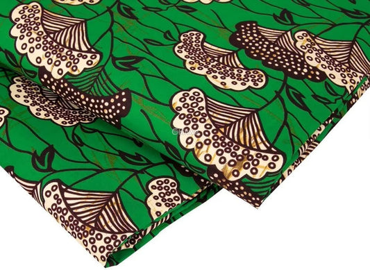 Green Floral Ankara Wax Print Fabric with Cream Blooms