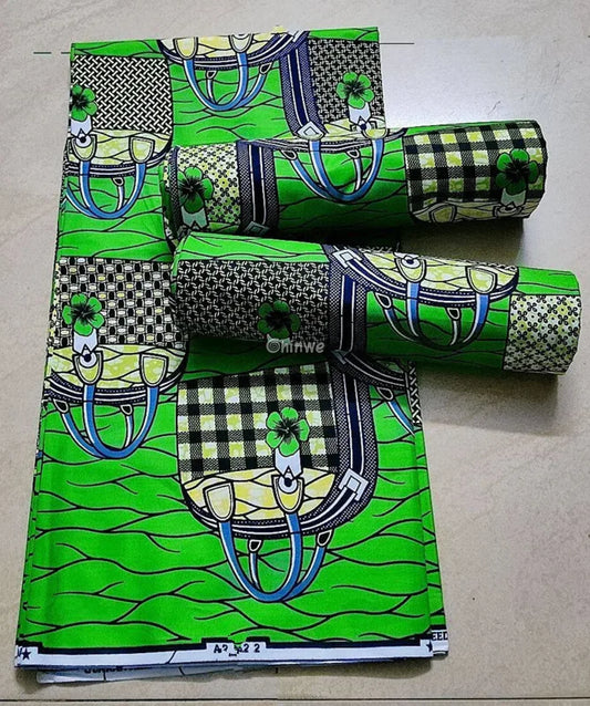 Green and Black Checkered Ankara Wax Print Fabric with Bag and Clover Design