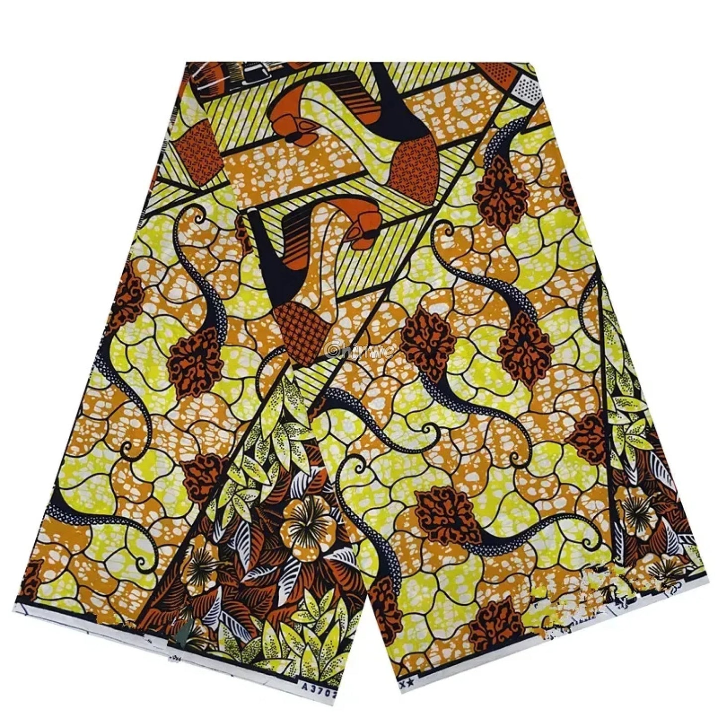 Green and Orange Floral Ankara Wax Print Fabric with Abstract Vine Design