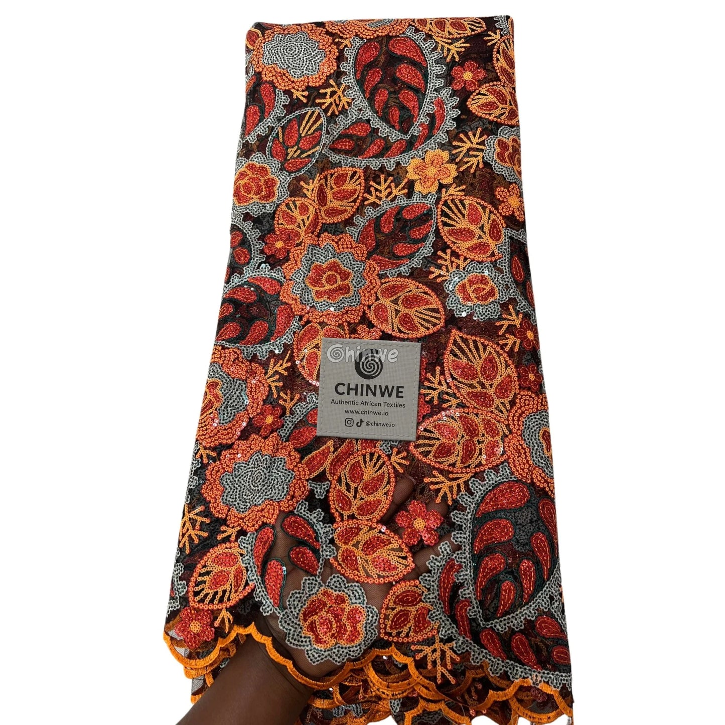 Sequined Leaf & Floral Motif Lace Print Fabric with Scalloped Edge Lace