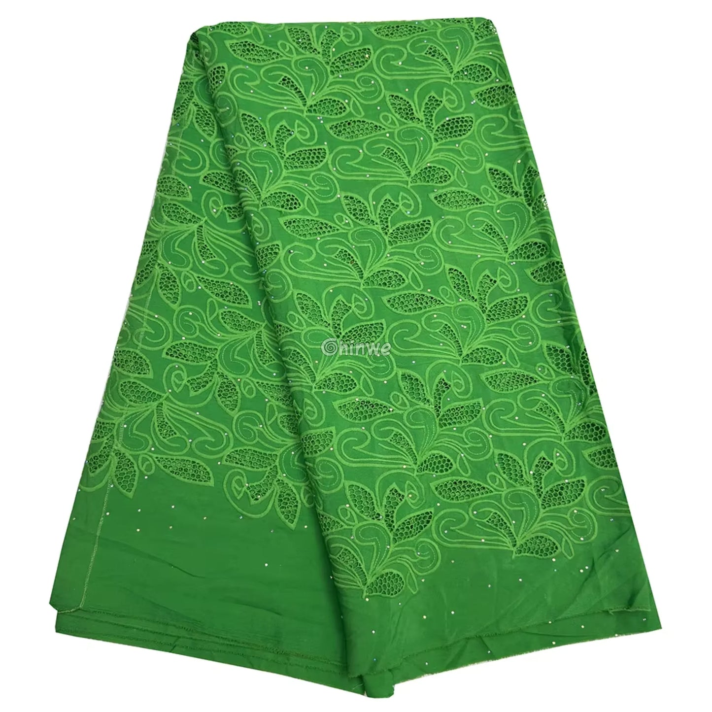 Embroidered Eyelet Lace Fabric with Swirling Leaf & Vine Motif and Crystal Sparkle Accents Lace