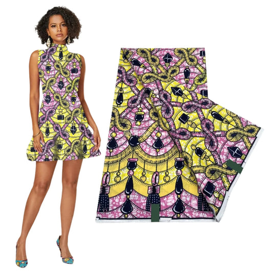 Layered Tassel & Pendant Chain Pattern in Lemon Yellow and Pink with Circular Lattice Batik Detailing Sunlit Pink and