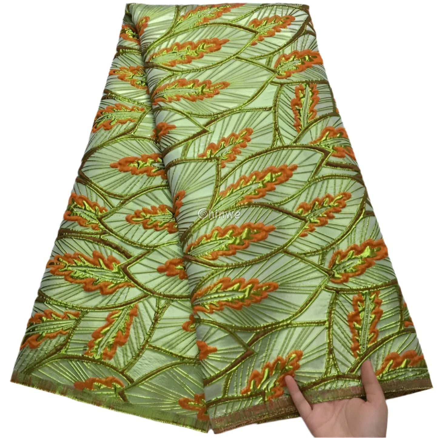 Jacquard Brocade Lace with Leaf Vein Embroidery & Satin Shine in Multitone Layered Finish Golden Lime & Sunset Pink