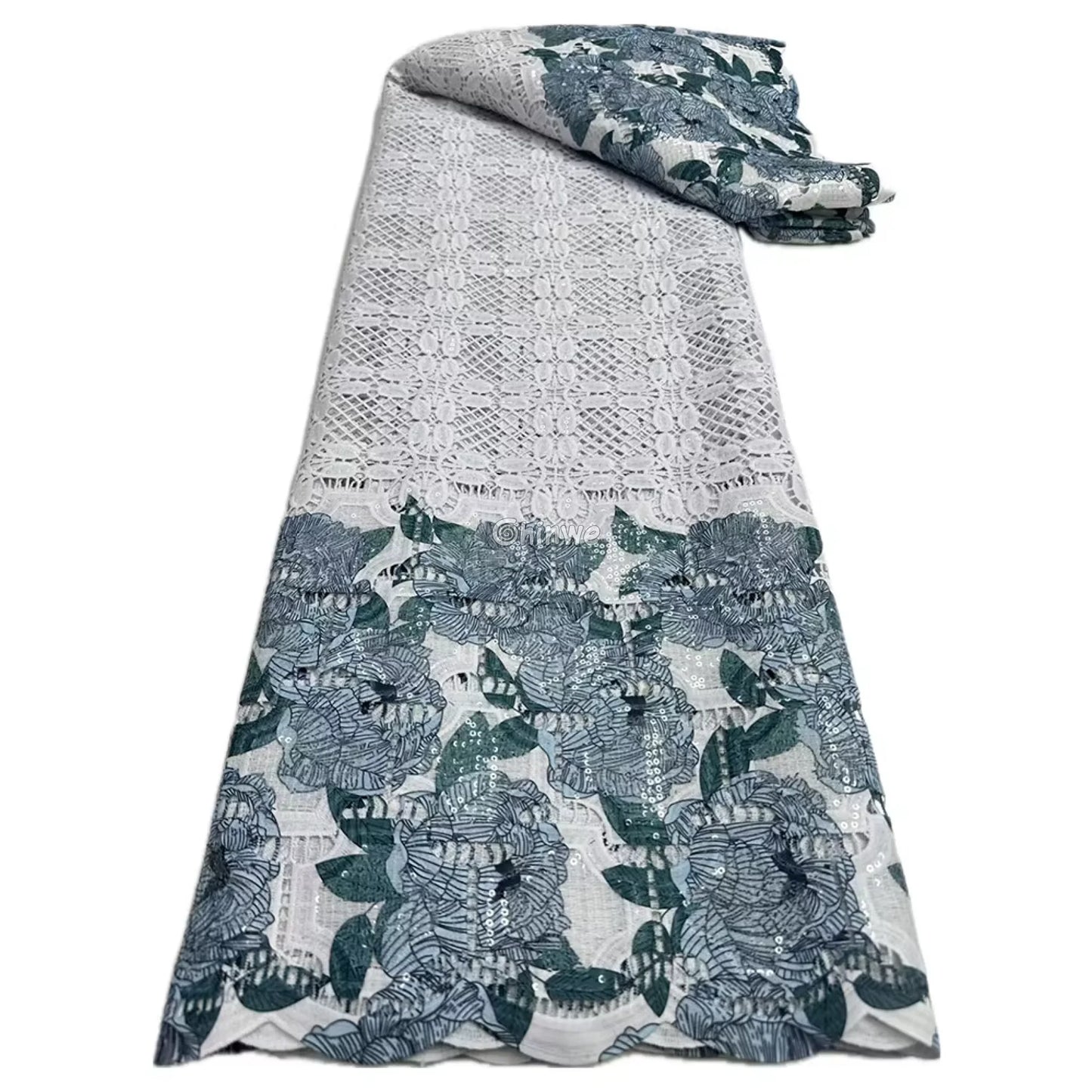 Sequin-Embroidered Mesh Lace with Geometric Grid Overlay & Scalloped Floral Border Fabric Lace