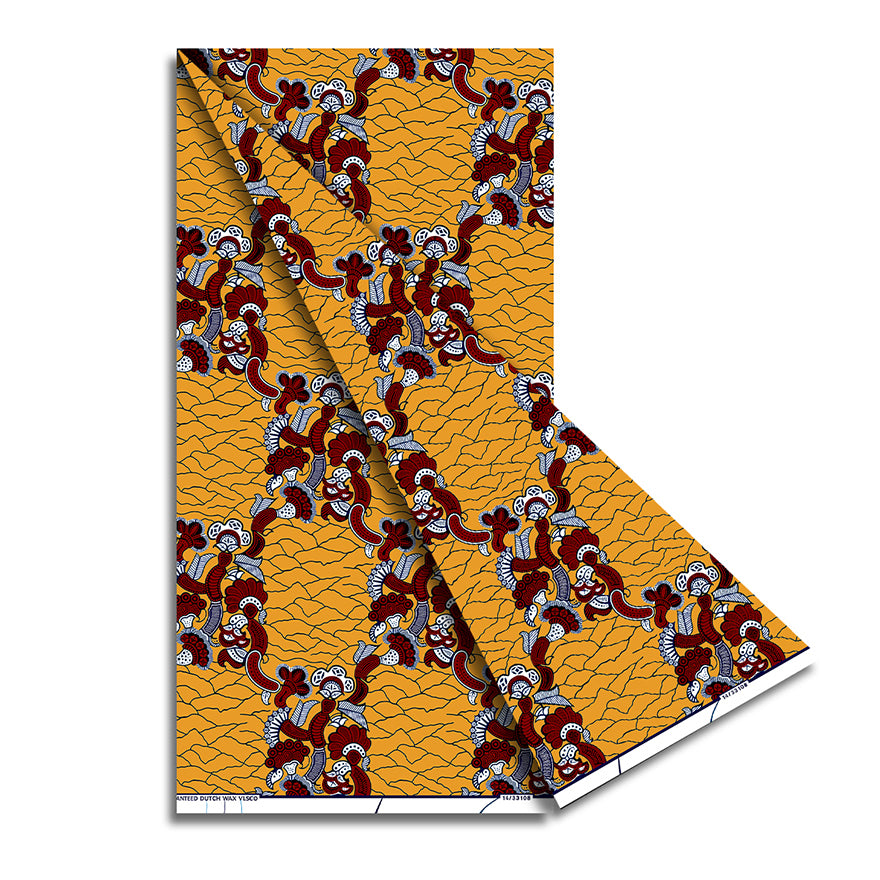 Golden Crackle Ankara Wax Print Fabric – Burgundy & Blue Floral Chains, 100% Cotton