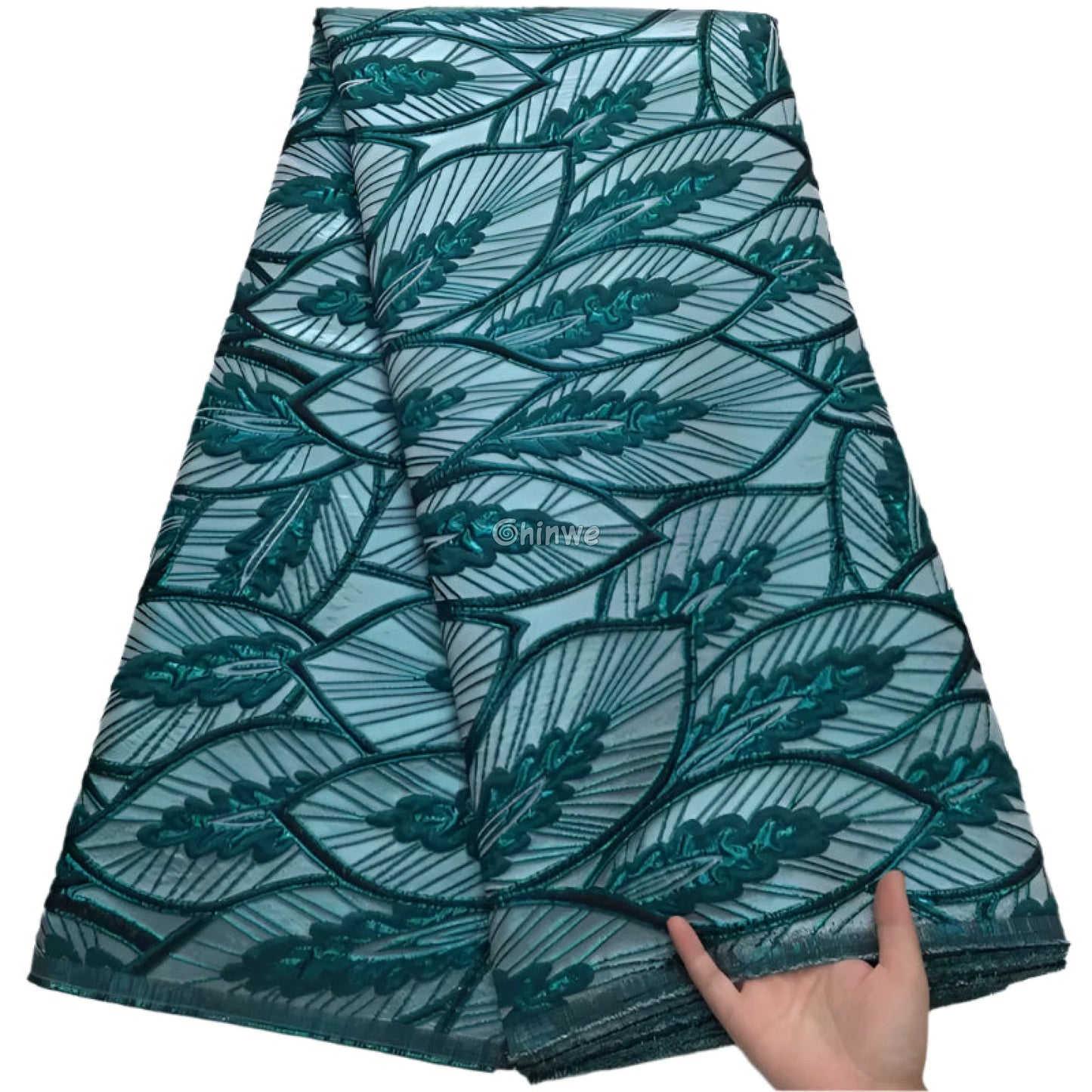 Jacquard Brocade Lace with Leaf Vein Embroidery & Satin Shine in Multitone Layered Finish Jade Mint & Emerald / United